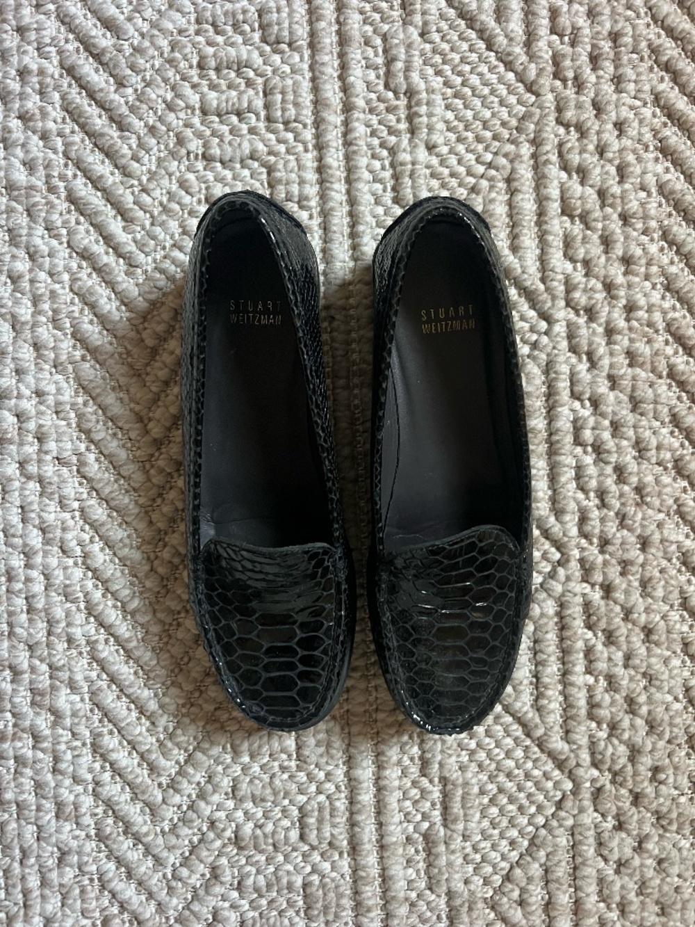 Stuart Weitzman Black Snake-Embossed Patent Loafers 7.5